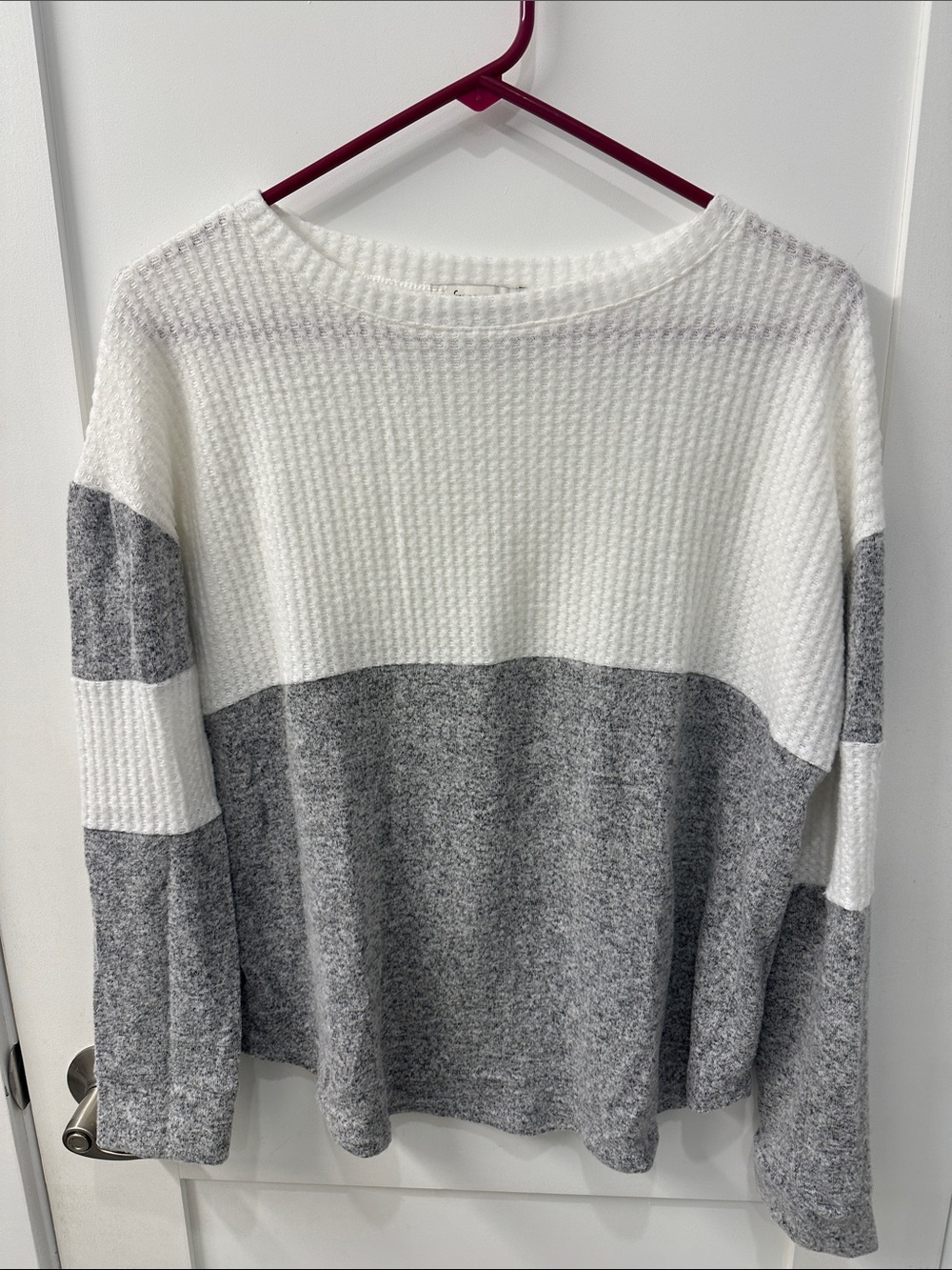 Francesca's Collections White and Gray Two-Tone Waffle Crewneck Sweater